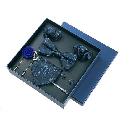Men’s Luxury Silk Tie Set - 8cm Wedding Necktie with Bowtie, Pocket Square, Cufflinks & Floral Gift Box Accessories