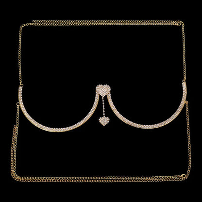 Women’s Heart Rhinestone Body Chain Bra – Chest Jewelry Bikini Halter Top with Breast Support for Parties & Banquets