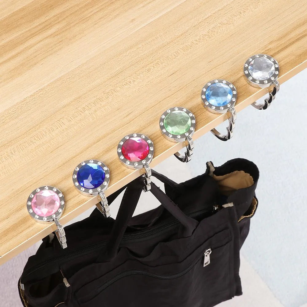 Portable Diamond Folding Bag Hook - Metal Foldable Handbag Hanger for Tables, Elegant Purse Table Hook, Compact Desk Accessory