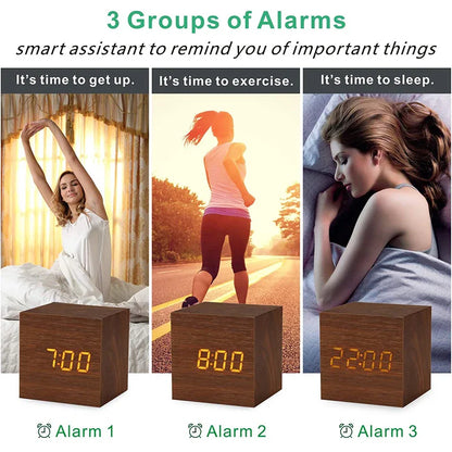 Wooden Digital Alarm Clock – LED Desktop Clock with Temperature Display, Sound Control, USB/AAA Powered Bedside Clock