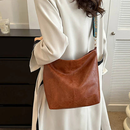 Wide Geometric Strap Shoulder Bag - Large Capacity Crossbody PU Leather Bag for Women, Retro Style for Shopping and Travel