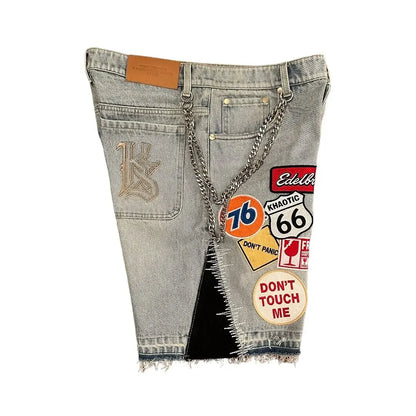 Streetwear Retro Patchwork Denim Shorts – Y2K Hip Hop Cartoon Graphic Loose Fit Jeans for Men & Women