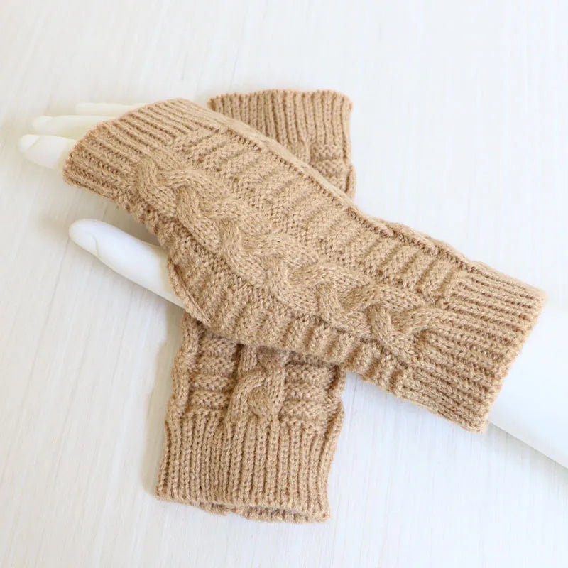 Women’s Stylish Winter Fingerless Gloves — Hand Warmer Arm Crochet Knitting Faux Wool Mittens with Twist Pattern