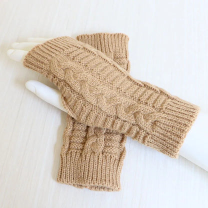 Women’s Stylish Winter Fingerless Gloves — Hand Warmer Arm Crochet Knitting Faux Wool Mittens with Twist Pattern
