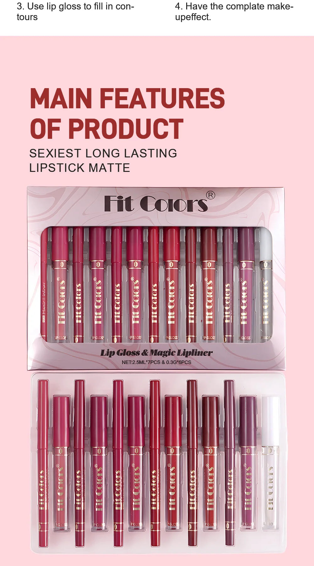 Fit Colors 13pcs Matte Lip Liner Pencil Set – Waterproof, Non-Stick, Long-Lasting Lip Pencil with Case and Hook
