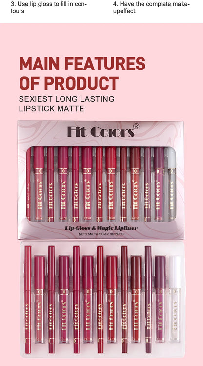 Fit Colors 13pcs Matte Lip Liner Pencil Set – Waterproof, Non-Stick, Long-Lasting Lip Pencil with Case and Hook