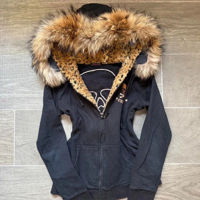 Y2K Harajuku Skull Embroidered Padded Coat - Vintage Hip Hop Faux Fur Collar Casual Couple Jacket