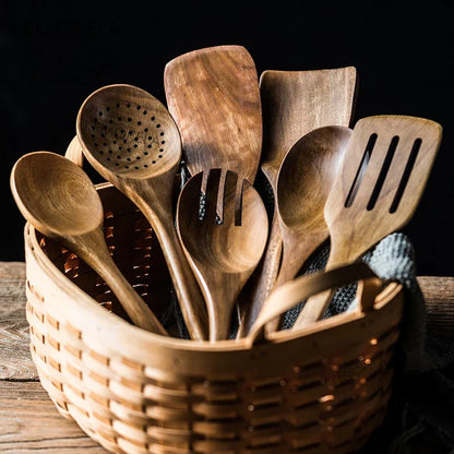 4/7/9PCS Teak Wooden Cooking Spoons Set – Kitchen Utensils with Holder