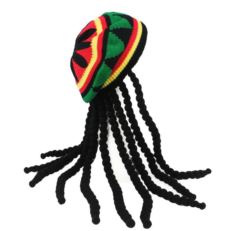 Jamaican Bob Rasta Beanie Hat: Unisex Knitted Braid Hip Hop Cap with Dreadlocks Wig - Bob Marley Caribbean Fancy Dress Accessory