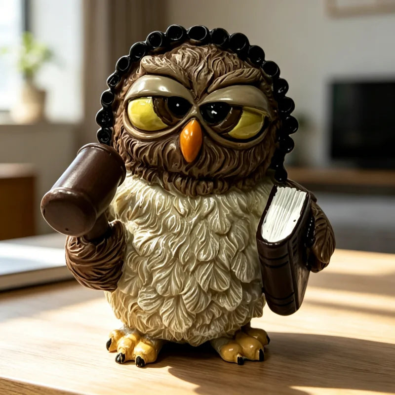 Judge Owl Resin Figurine - Brown & White Lawyer Owl Statue for Home & Office Decor