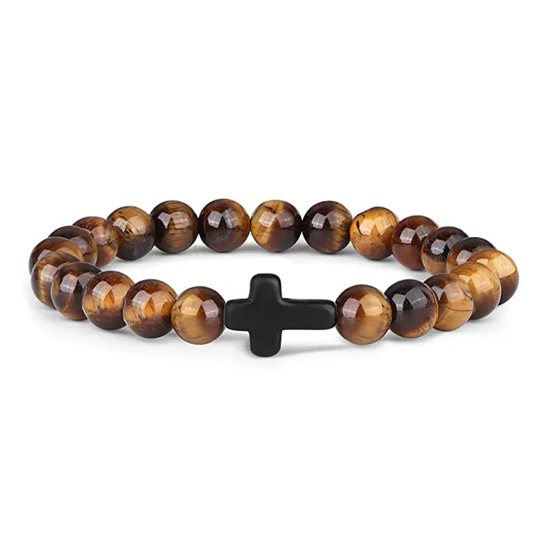 Natural Stone & Wood Bead Rosary Bracelet - Hematite Cross Meditation & Yoga Jewelry for Men & Women