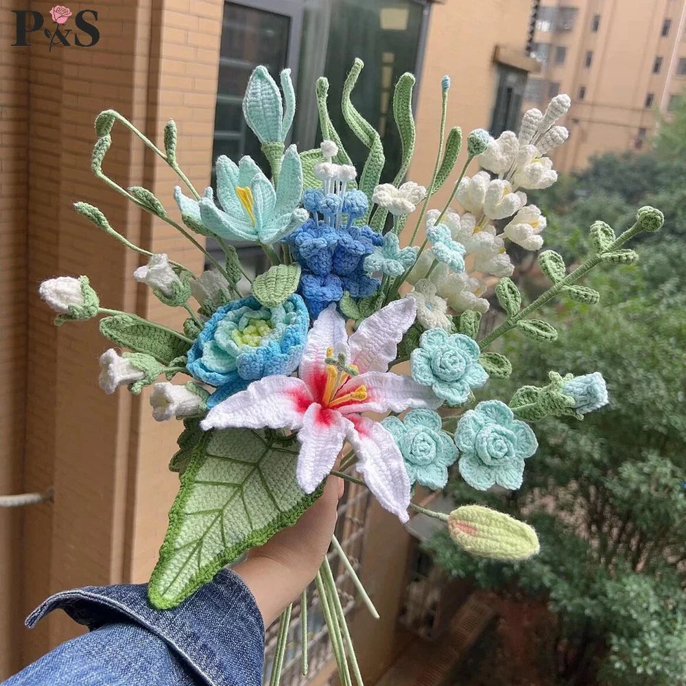 Handmade Crochet Flower Bouquet – Peony, Tulip & Rose Artificial Flowers for Wedding, Home Decor & Gift