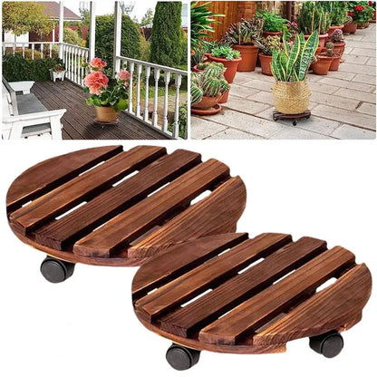 Wooden Rolling Plant Stand - Thick Flower Pot Holder with Universal Wheels for Bonsai & Indoor Garden Decor