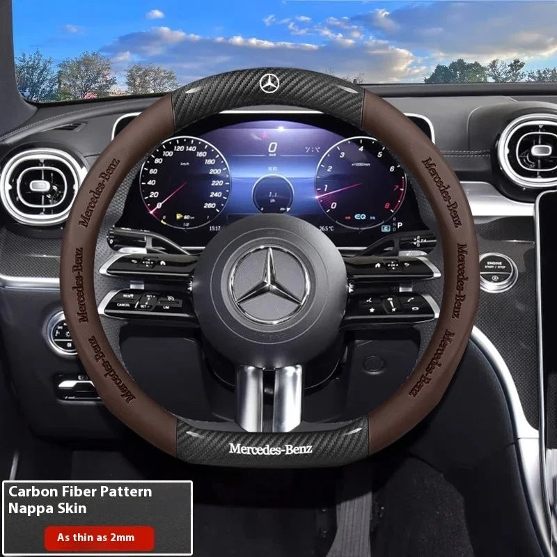Mercedes-Benz Carbon Fiber Leather Steering Wheel Cover — Anti-Slip Fit for A/B/C/E/S/V/R-Class, C43, CLA, GLA, GLB, GLC, GLK, SLK, SL, Vito