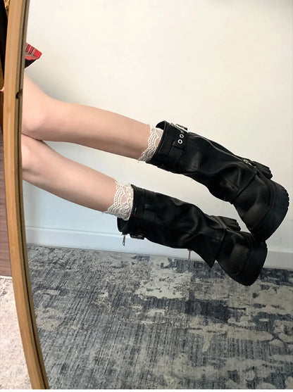 Women’s Winter Biker Boots – Fashion Belt Buckle Platform Short Booties, Casual Knight-Style Flats