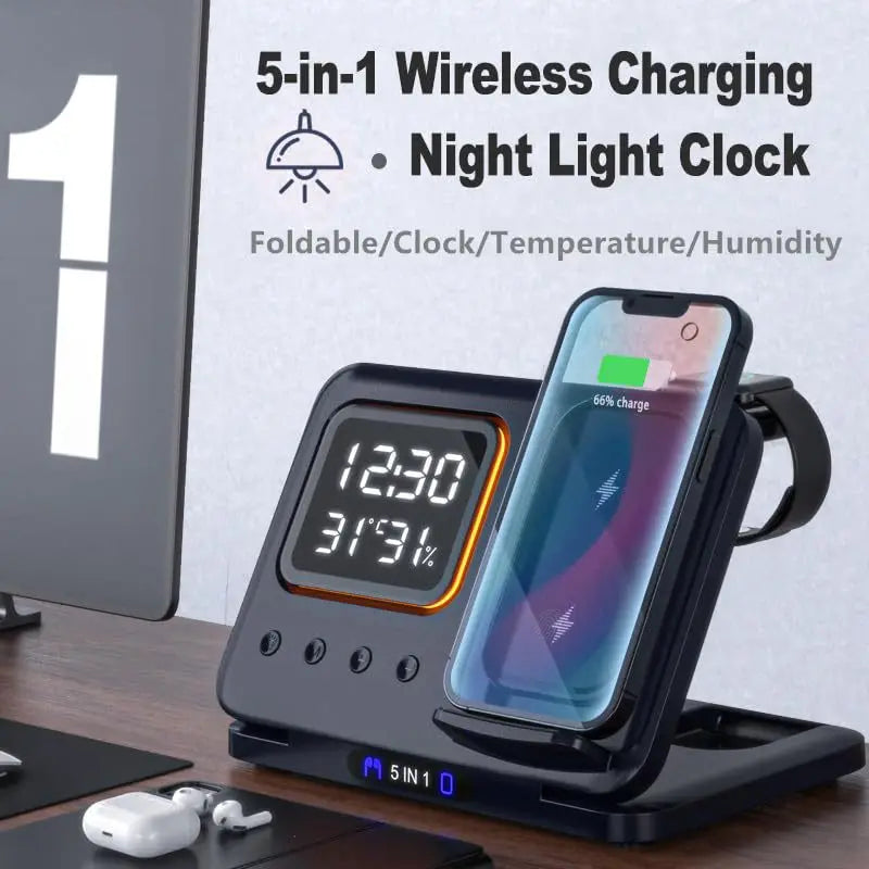 5-in-1 Foldable Wireless Charger Station - LED Digital Alarm Clock Fast Charging Dock for iPhone 15/14 & iWatch 8