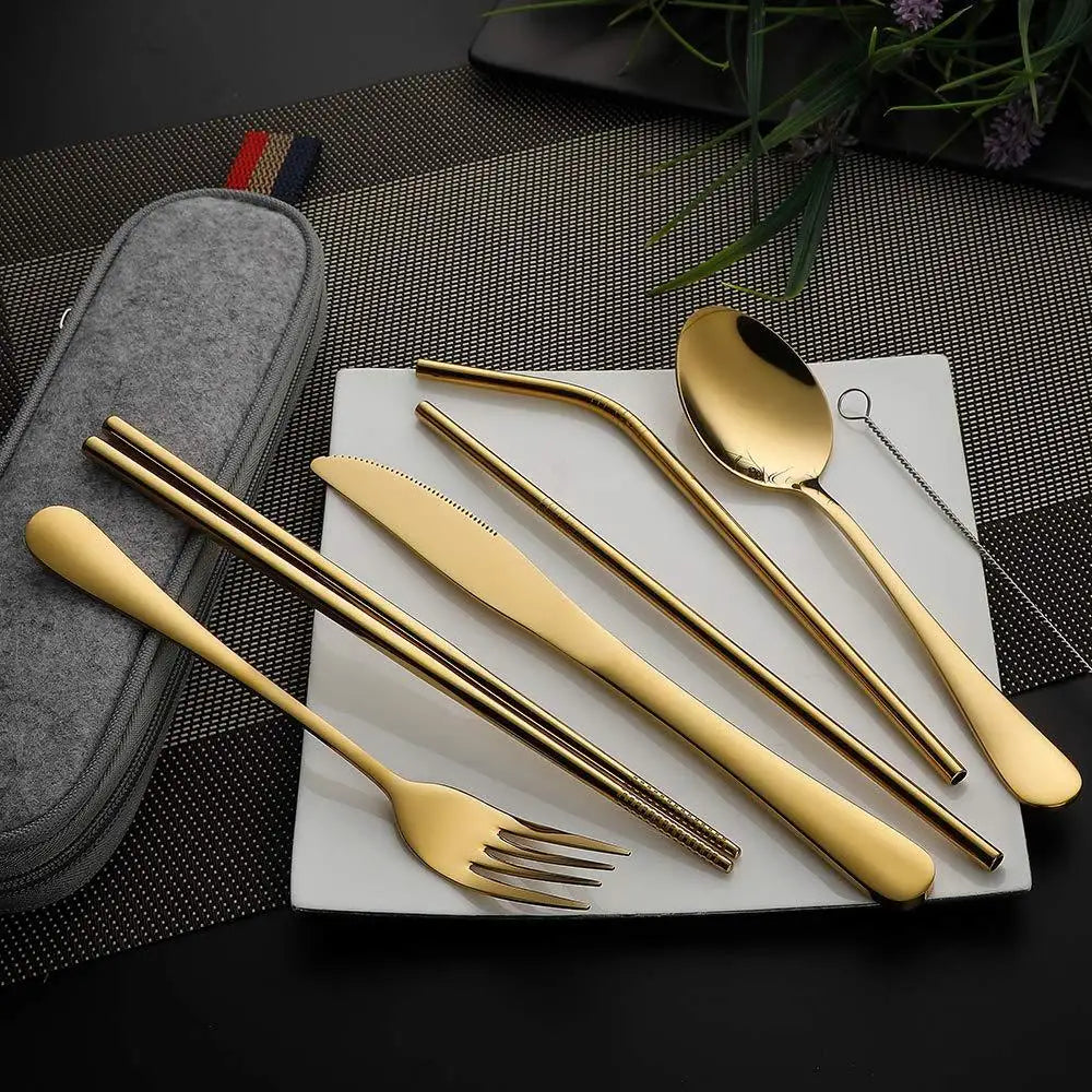 Portable Stainless Steel Travel Cutlery Set - 8Pcs Reusable Utensils with Spoon, Fork, Chopsticks, Straw & Case