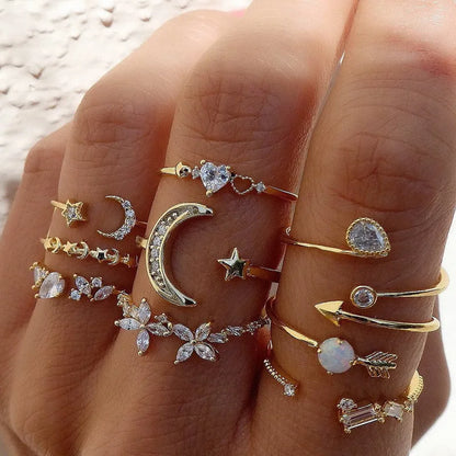Women’s Silver Crystal Ring Set – Cubic Zirconia Moon, Arrow, Flower & Heart Wedding Fashion Jewelry