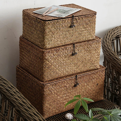 Hand-Woven Seaweed Storage Basket with Lid - Multi-Purpose Sundries Organizer, Cosmetic, Toy, and Clothes Container