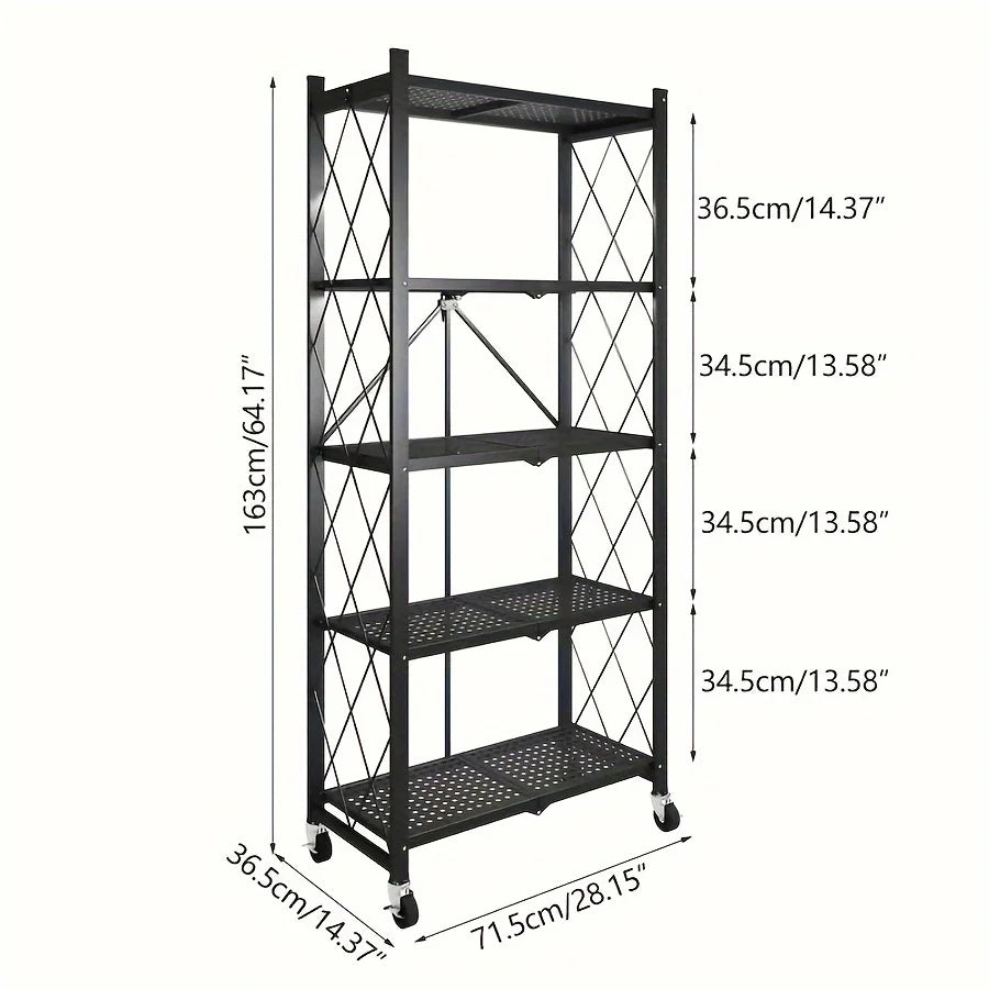 3/4/5-Tier Heavy-Duty Rolling Storage Shelf – Foldable Portable Iron Shelving Unit with Wheels for Home & Garage Organization