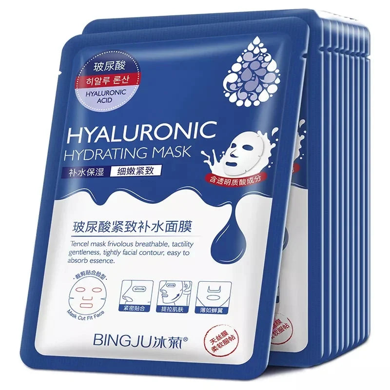 10pcs Hyaluronic Acid Hydrating Facial Mask – Moisturizing, Pore Shrinking Skin Care Face Masks