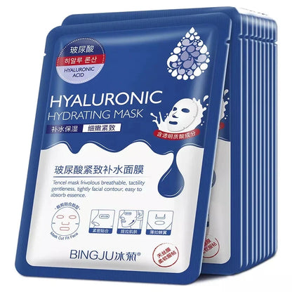 10pcs Hyaluronic Acid Hydrating Facial Mask – Moisturizing, Pore Shrinking Skin Care Face Masks