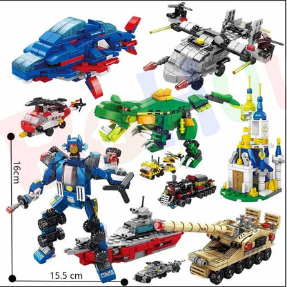 6-in-1 Police Truck Mech Dinosaur Building Blocks - Tank, Helicopter & Fire Truck Educational Toy
