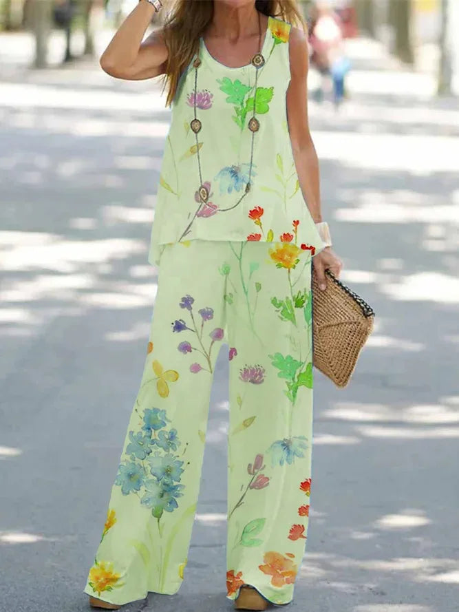 Women Printed 2-Piece Summer Suit Set – Sleeveless Round Neck Top & Wide Leg Pants Casual Loose Fit Outfit
