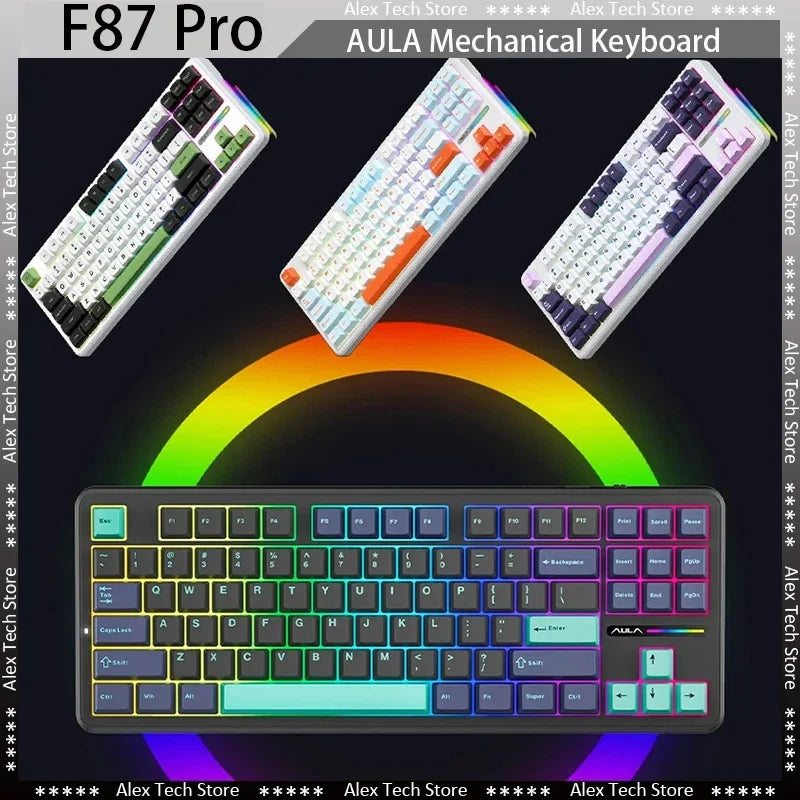 AULA F87 Pro Tri-Mode Mechanical Keyboard – 2.4G/USB/Bluetooth, 87-Key, 5-Layer Silencing, Ideal for Gaming & Typing