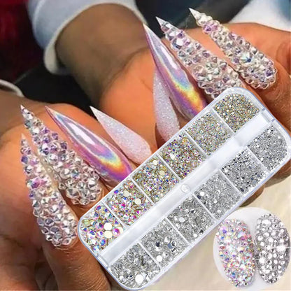 12-Grid 3D Glass AB Crystal Nail Art Rhinestones Kit – Flatback Round Beads with Tools for Nail Jewelry & Diamond Decoration