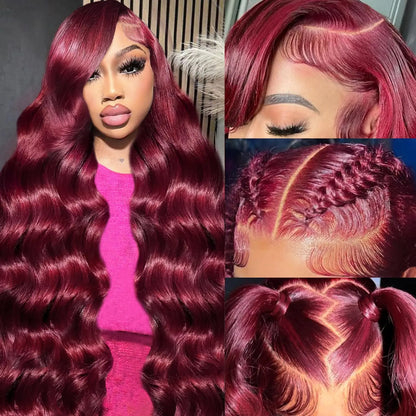 99J Burgundy Body Wave Human Hair Wig – 13x6 HD Transparent Lace Front, 30-40 Inch Curly Brazilian Hair for Women