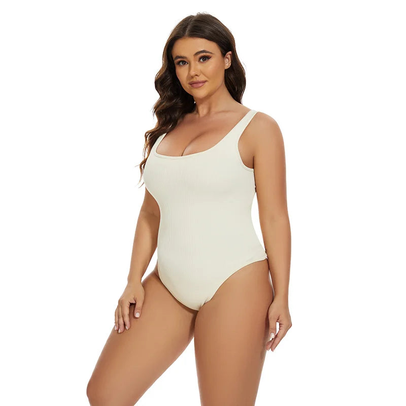GUUDIA Ribbed Tummy Control Jumpsuit – Light Compression Daily Shaper Bodysuit with Open Crotch Shapewear Design