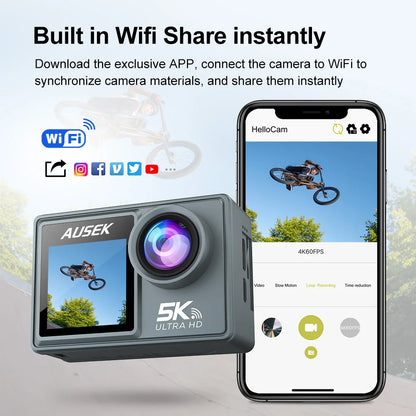 5K Action Camera – 4K 60FPS Dual IPS Touchscreen, WiFi, 170° Wide-Angle, 30M Waterproof, 5X Zoom, Anti-Shake, Remote Control