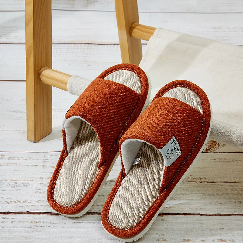 Home Linen Slippers for Men & Women – Breathable Open-Toe Comfort House Shoes for Spring, Autumn & Summer Bedroom Indoor Wear