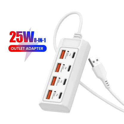 8-in-1 USB Charging Station - 25W PD Type-C Multi-Port Desktop Hub for iPhone, Samsung, Xiaomi & Huawei