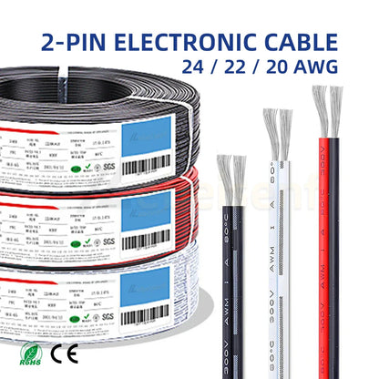 2Pin UL2468 Electrical Wire 2m/5m/10m/20m – Tinned Copper PVC Insulated Cable, 24/22/20AWG for LED Light Strip Extension