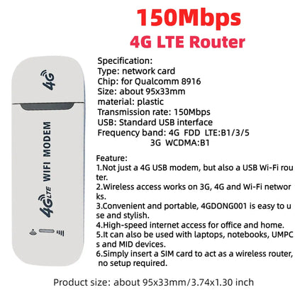 4G LTE USB Modem Dongle — 150Mbps Wireless WiFi Mobile Router with SIM Card Slot for Home & Office Pocket Hotspot