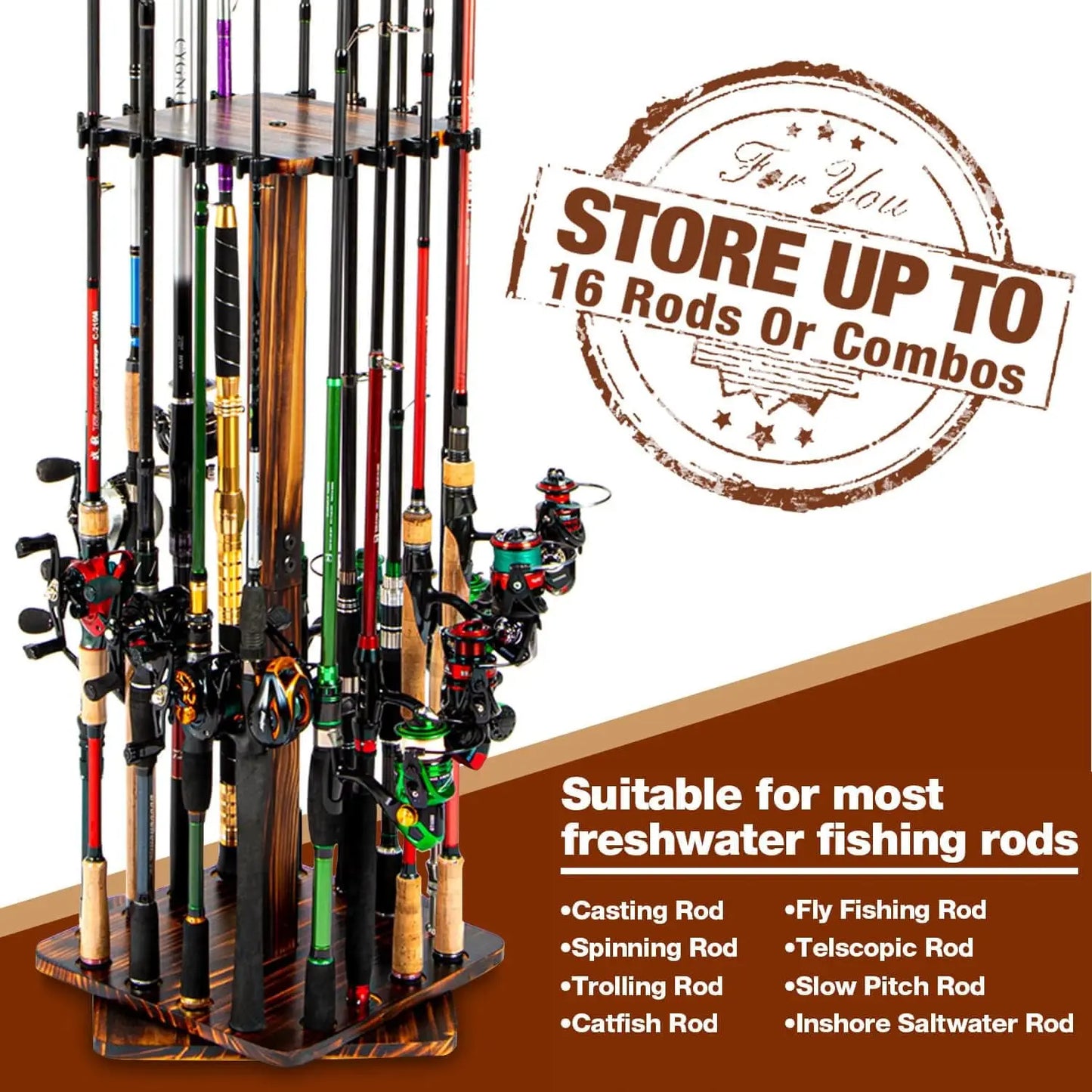 360° Rotating Fishing Rod Holder Rack - 16 Rod Floor Stand Organizer for Garage & Fishing Gear Storage