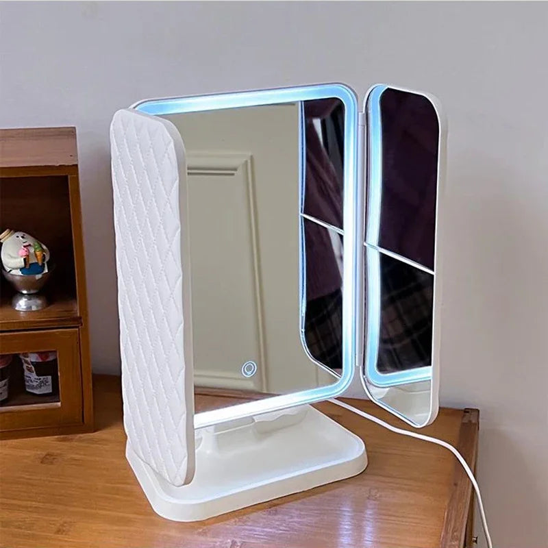 Trifold LED Makeup Mirror – Smart Light-Up Dressing Mirror with Adjustable Fill Light for Beauty & Dorm Use
