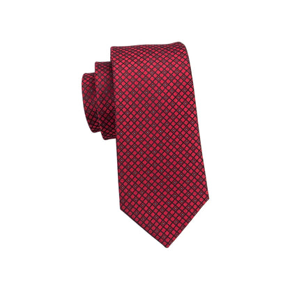 Hi-Tie Red Burgundy Plaid Silk Tie Set — Designer Men’s Necktie with Handkerchief & Cufflinks for Wedding or Business