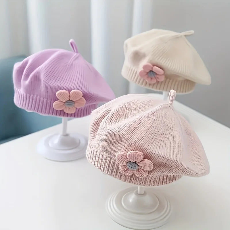 Flower Baby Beret Hat – Winter Warm Knitted Beanie for Infant & Toddler Girls, Korean Princess Artist Painter Cap Solid Color