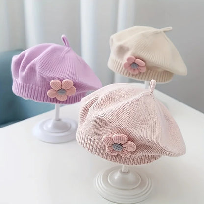 Flower Baby Beret Hat – Winter Warm Knitted Beanie for Infant & Toddler Girls, Korean Princess Artist Painter Cap Solid Color