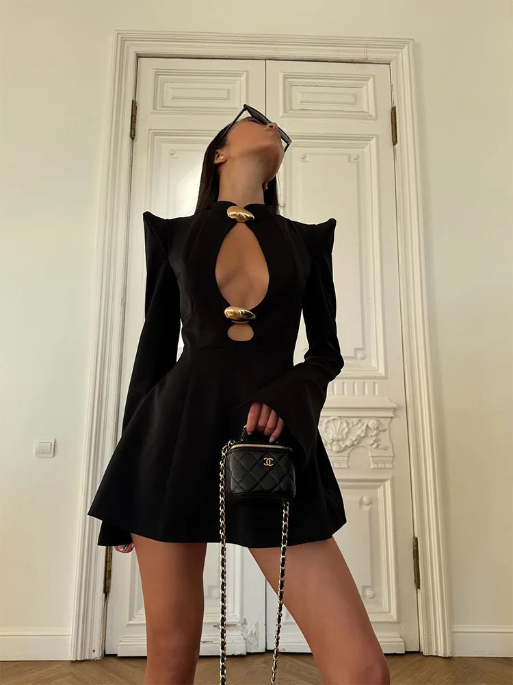 CNYISHE Women’s Metal Buckle Hollow Out Bodycon Dress – Long Sleeve O-Neck Sexy Club Sheath Chic Autumn Fashion Slim Fit Robe