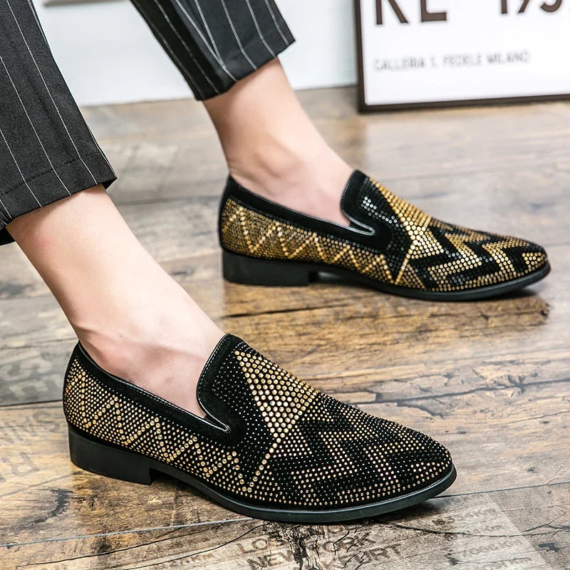Men's Pointed Toe Embroidered Dress Shoes - Rhinestone Flat Wedding, Prom & Formal Shoes