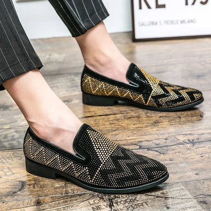 Men's Pointed Toe Embroidered Dress Shoes - Rhinestone Flat Wedding, Prom & Formal Shoes