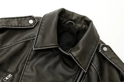 RARF 2024 Women's Washed Leather Jacket – Coal Gray Short Coat with Belt, Vintage Lapel & Zipper