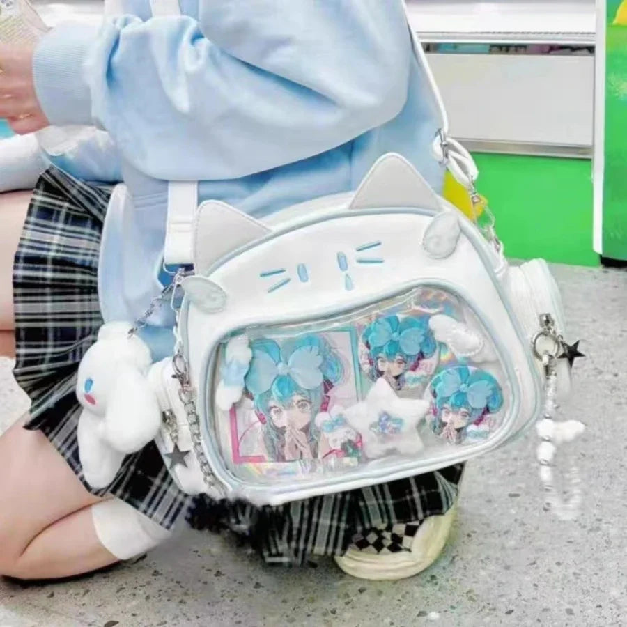 Y2K Korean Kawaii Cat Ita Bag — Cute PU Transparent Shoulder & Crossbody Bag for Girls, Harajuku Style Backpack
