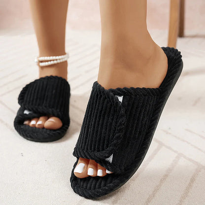 Women’s Corduroy Open Toe Flat Heel Home Slippers – Lightweight Non-Slip Indoor Bedroom Comfort Slides