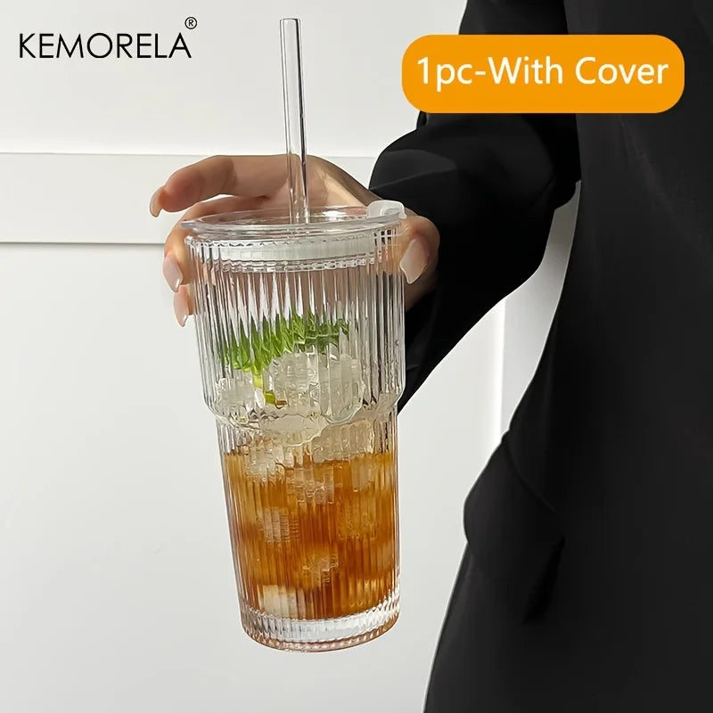 600ML Striped Glass Coffee Cup with Lid and Straw – Transparent Drinking Glasses for Juice, Milk, Tea | Iced Coffee Mug Drinkware