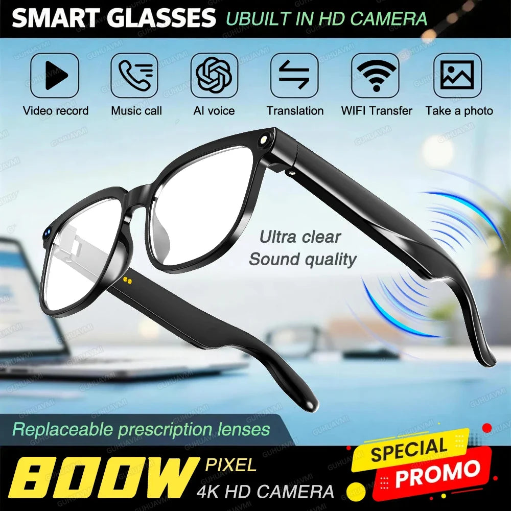 AI Smart Glasses - 800W HD Camera 1080P Video Recording 100+ Language Translation Bluetooth Music & Call Sunglasses
